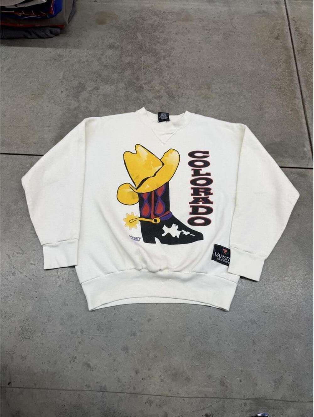 vintage colorado cowboy boot made in usa destination white crewneck size large